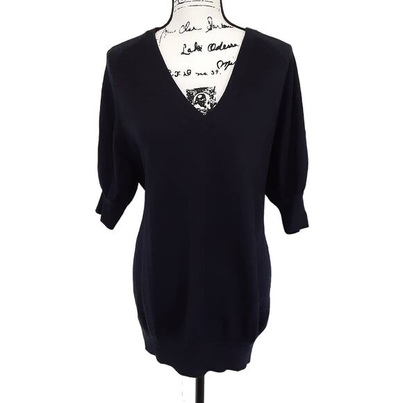 French Connection Wool Blend V Neck Puff Sleeve Sweater Tunic Navy XS Minimal - Picture 1 of 9
